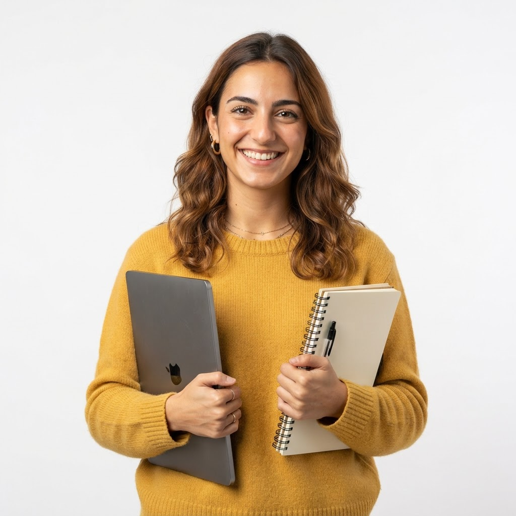 Studentessa universitaria sorridente con laptop